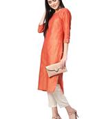 Women Coral Orange Self Striped Handloom Straight Kurta