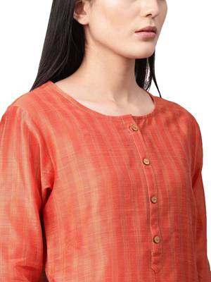 Women Coral Orange Self Striped Handloom Straight Kurta 2
