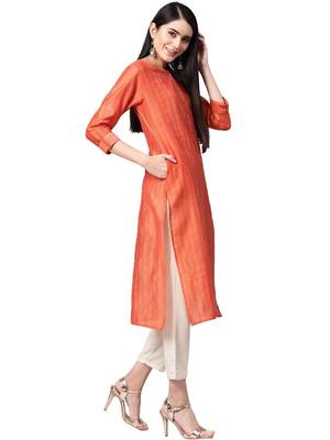 Women Coral Orange Self Striped Handloom Straight Kurta 3