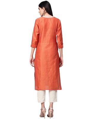 Women Coral Orange Self Striped Handloom Straight Kurta 4