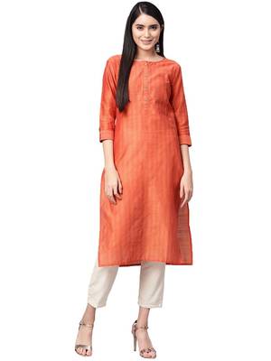 Women Coral Orange Self Striped Handloom Straight Kurta 5