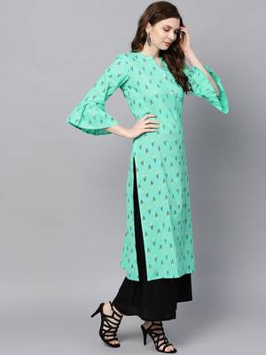 Women Sea Green & Yellow Printed Straight Kurta 1