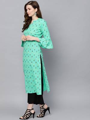 Women Sea Green & Yellow Printed Straight Kurta 2
