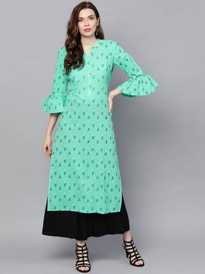 Women Sea Green & Yellow Printed Straight Kurta 3