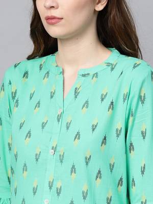 Women Sea Green & Yellow Printed Straight Kurta 4