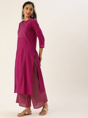 Women Magenta & White Printed Kurta With Palazzos 1