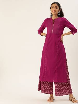Women Magenta & White Printed Kurta With Palazzos 5