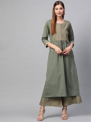 Women Olive Green Yoke Design Kurta With Palazzos 1