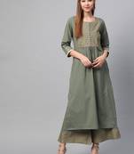 Women Olive Green Yoke Design Kurta With Palazzos