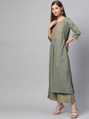 Women Olive Green Yoke Design Kurta With Palazzos 2