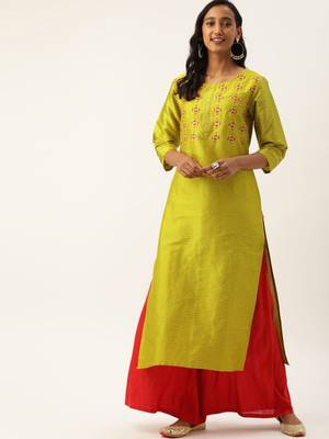 Women Lime Green Embroidered Straight Kurta 1