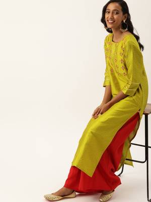 Women Lime Green Embroidered Straight Kurta 2
