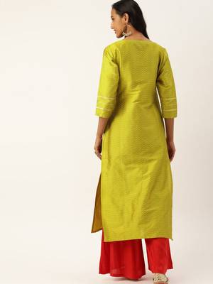 Women Lime Green Embroidered Straight Kurta 4