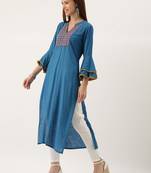 Women Teal Blue Embroidered Straight Kurta