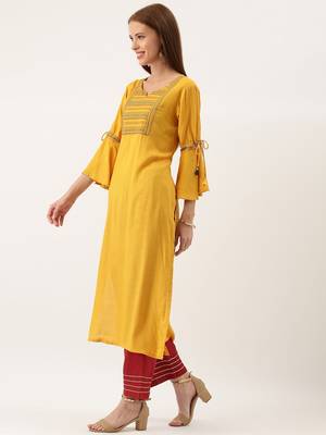 Women Mustard Yellow Embroidered Straight Kurta 1