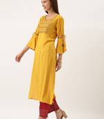 Women Mustard Yellow Embroidered Straight Kurta