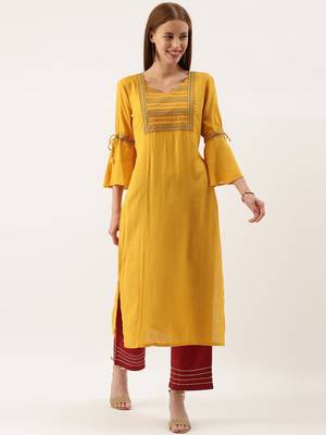 Women Mustard Yellow Embroidered Straight Kurta 2