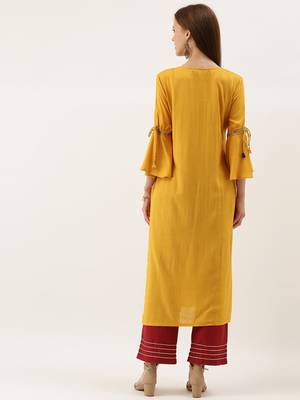 Women Mustard Yellow Embroidered Straight Kurta 3