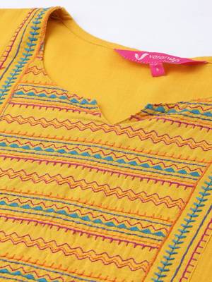 Women Mustard Yellow Embroidered Straight Kurta 4
