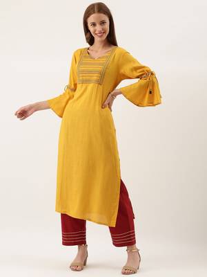 Women Mustard Yellow Embroidered Straight Kurta 5