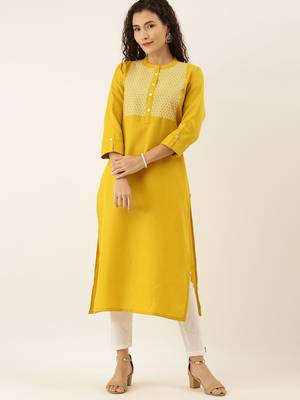 Women Mustard Yellow & White Yoke Design Straight Kurta 1