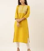 Women Mustard Yellow & White Yoke Design Straight Kurta