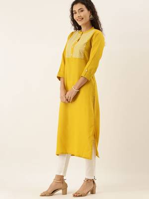 Women Mustard Yellow & White Yoke Design Straight Kurta 2