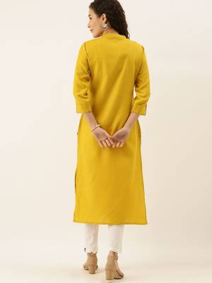 Women Mustard Yellow & White Yoke Design Straight Kurta 3