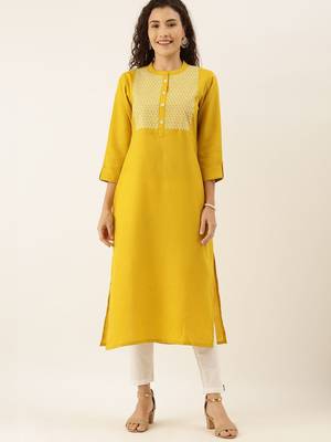 Women Mustard Yellow & White Yoke Design Straight Kurta 5
