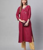 Women Magenta Embroidered Straight Kurta