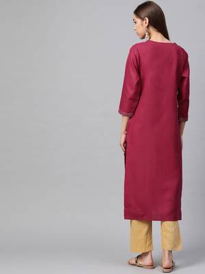Women Magenta Embroidered Straight Kurta 4