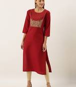 Women Maroon Embroidered Straight Kurta