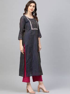 Women Navy Blue & Pink Zari Yoke Design Straight Kurta 1