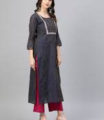 Women Navy Blue & Pink Zari Yoke Design Straight Kurta