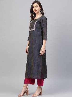 Women Navy Blue & Pink Zari Yoke Design Straight Kurta 2