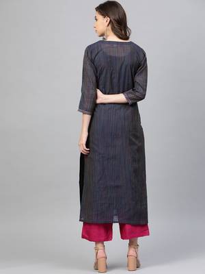 Women Navy Blue & Pink Zari Yoke Design Straight Kurta 3