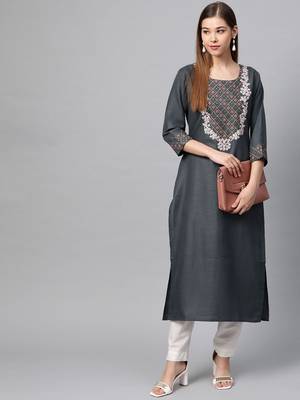 Women Charcoal Embroidered Straight Kurta 1