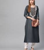 Women Charcoal Embroidered Straight Kurta