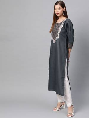 Women Charcoal Embroidered Straight Kurta 3