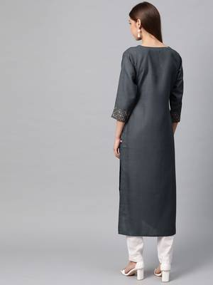 Women Charcoal Embroidered Straight Kurta 4