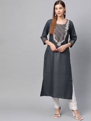 Women Charcoal Embroidered Straight Kurta 5