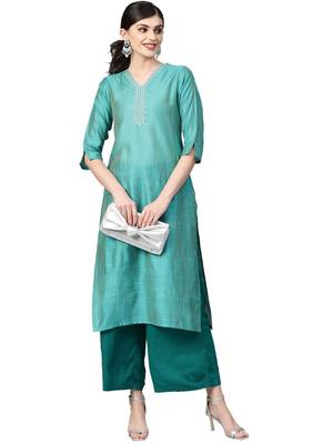 Women Teal Green Self Striped Straight Kurta 1