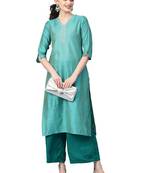 Women Teal Green Self Striped Straight Kurta