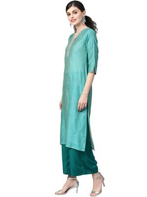 Women Teal Green Self Striped Straight Kurta 2