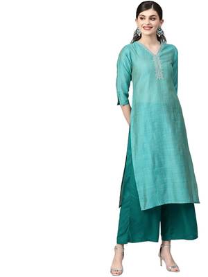 Women Teal Green Self Striped Straight Kurta 4