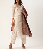 Off White & Maroon Yoke Design Kurta with Trousers & Dupatta