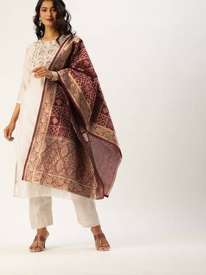 Off White & Maroon Yoke Design Kurta with Trousers & Dupatta 3
