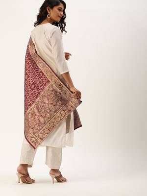 Off White & Maroon Yoke Design Kurta with Trousers & Dupatta 4