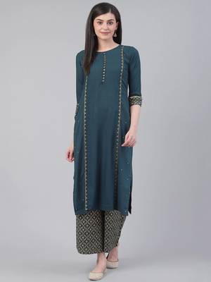 Teal Blue & Golden Zari Embroidered Detail Kurta with Palazzos 1