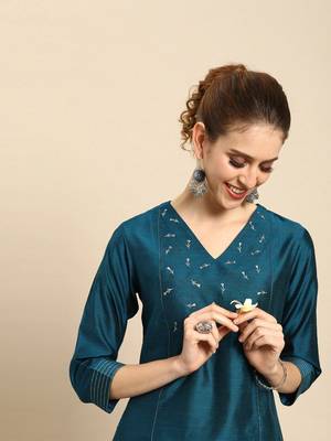 Teal Blue Embroidered Straight Kurta. 1